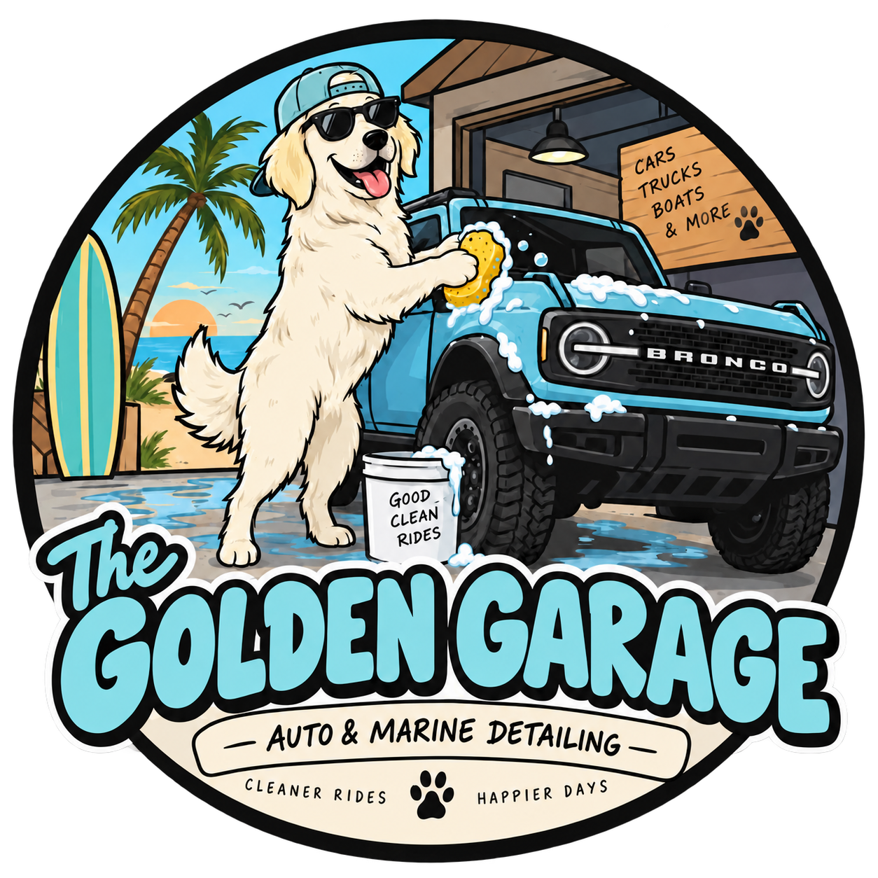 The Golden Garage — Auto & Marine Detailing. Golden retriever washing a blue Bronco. Cleaner rides, happier days.